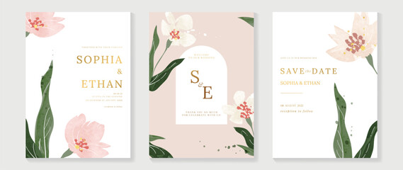 Luxury wedding invitation card background vector. Minimal hand painted watercolor botanical flowers texture template background. Design illustration for wedding and vip cover template, banner, poster.