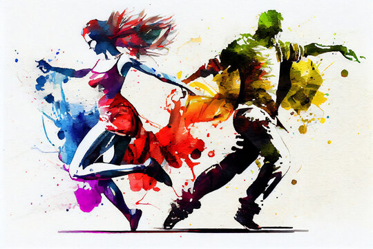 The dancing male and female with colorful spots and splashes on a light background.
