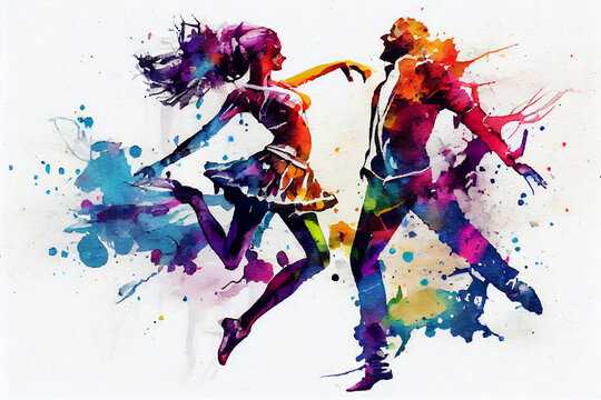 The dancing male and female with colorful spots and splashes on a light background.