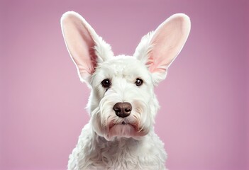 Portrait of Funny white dog with easter bunny ears on pink background - ai generated. Easter holidays concept