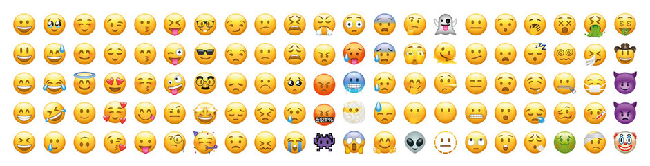 Big set of yellow emoji. Funny emoticons faces with facial expressions. iOS emoji set.