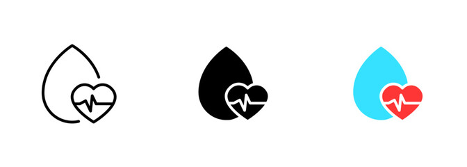 A heart rate icon within a single drop, symbolizing the importance of monitoring one's cardiovascular health. Vector set of icons in line, black and colorful styles isolated.