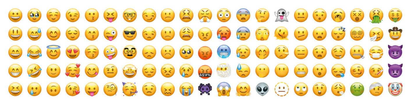 Naklejka Big set of yellow emoji. Funny emoticons faces with facial expressions.