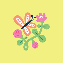 Vector illustration with a butterfly and a flower isolated on the background. Vector beautiful print in flat style.