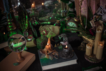 Fototapeta premium Illustration of esoteric scene, candles on a altar, divination predictions fate and oracle 