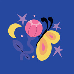 Mystical illustration of a butterfly and flowers. Fashionable print in a flat style.