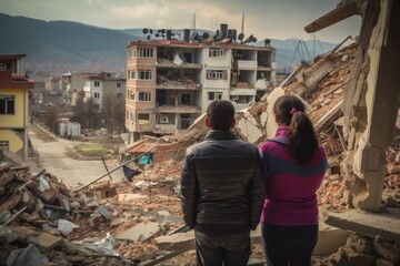 Refugees, view from the back, looking at damaged homes. Homeless people in front of destroyed home buildings because of earthquake or war missile strike. Refugees, war and economy crisis. - obrazy, fototapety, plakaty