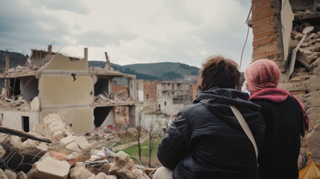 Refugees, view from the back, looking at damaged homes. Homeless people in front of destroyed home buildings because of earthquake or war missile strike. Refugees, war and economy crisis.