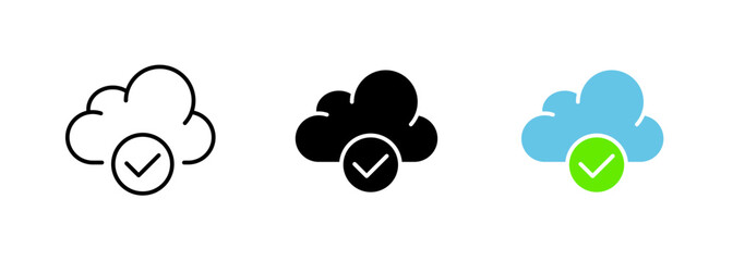 An icon of a cloud with a checkmark, representing completion or success in a cloud computing or data storage context. Vector set of icons in line, black and colorful styles isolated.