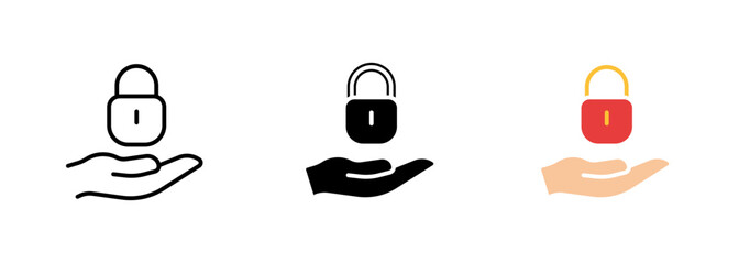 An illustration of a hand holding a shiny metal lock, with the fingers tightly gripping the lock and the keyhole clearly visible. Vector set of icons in line, black and colorful styles isolated.