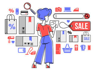 Online shopping and discount vector outline illustration, virtual store worker managing goods or customer have a big choice and enjoying cheap prices, adviser consultant.