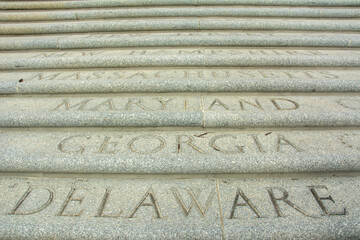Stairway consisting of 49 granite steps, engraved with the names of U.S. states in the order of their statehood, leading to the front door of Louisiana State Capitol in Baton Rouge