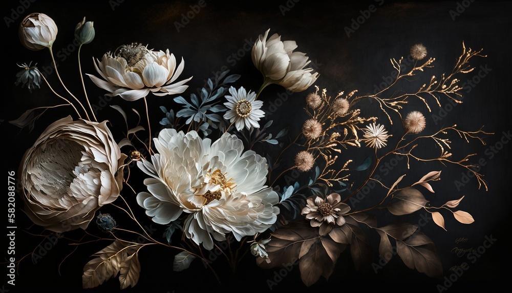 Wall mural generative ai, close up of blooming flowerbeds of amazing white and golden flowers on dark moody flo