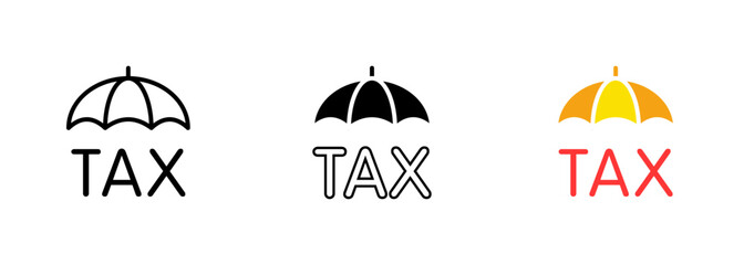 A text Taxes written in bold, capital letters, positioned underneath a colorful umbrella that provides a sense of protection. Vector set of icons in line, black and colorful styles isolated.
