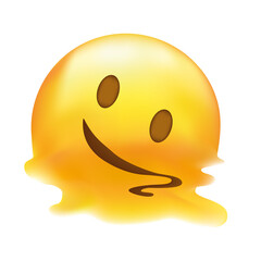 Melting emoji. Melted yellow face with exhausted smile, overheated smiling emoticon melting into a puddle