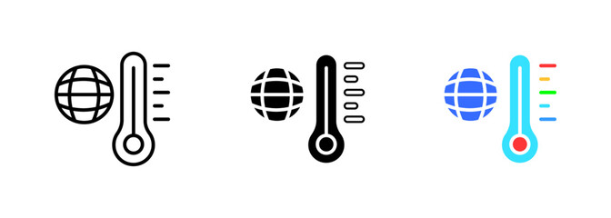 A thermometer with a planet icon, representing the measurement of temperature on a global or universal scale. Vector set of icons in line, black and colorful styles isolated.