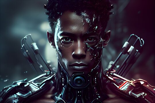 Portrait of a human like cyborg man in the future. People with upgrades. Generative AI.