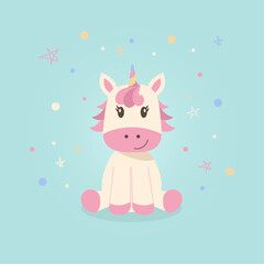 Cute baby unicorn sitting down character flat design