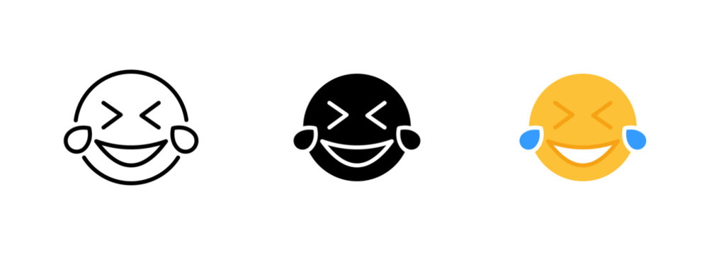 The laughing face emoji, which is yellow in color, shows a face with closed eyes and a wide open mouth with teeth showing. Vector set of icons in line, black and colorful styles isolated.