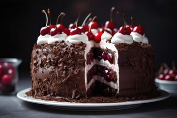 Mouthwatering Black Forest Cake, Showcasing the Decadent Layers of this German Delight, created with Generative AI technology