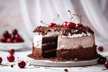 Mouthwatering Black Forest Cake, Showcasing the Decadent Layers of this German Delight, created with Generative AI technology