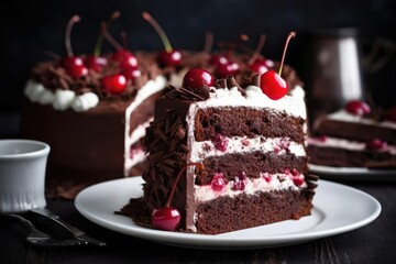 Mouthwatering Black Forest Cake, Showcasing the Decadent Layers of this German Delight, created with Generative AI technology