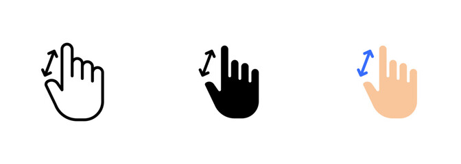 A hand holding a smartphone with a zoom-out icon indicating that the user is zooming out or moving away from a location on a map. Vector set of icons in line, black and colorful styles isolated.