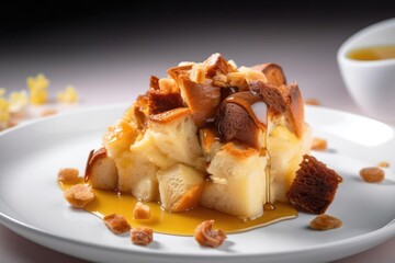 Tempting Bread Pudding, Beige and Warm Tones, Emphasizing the Coziness of this Classic Dessert, created with Generative AI technology