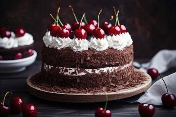 Mouthwatering Black Forest Cake, Showcasing the Decadent Layers of this German Delight, created with Generative AI technology