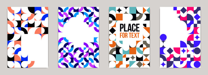 Geometric design covers vector set, colorful modular constructor design backgrounds, flyer templates in retro 70s style, art pattern square and circle shapes.