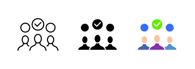 The image depicts a group of people, possibly in a meeting or conference, each holding a checkmark symbol in their hands. Vector set of icons in line, black and colorful styles isolated.