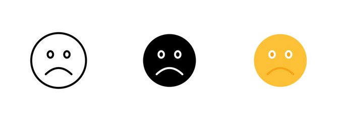 Sad emoji, with downturned eyebrows and a frown, expressing feelings of sadness or disappointment. Vector set of icons in line, black and colorful styles isolated.