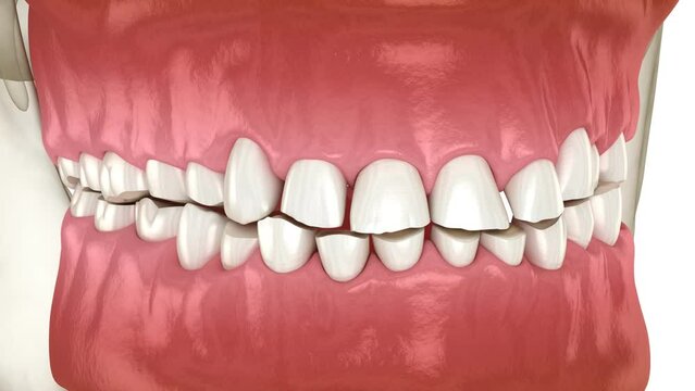 Dental attrition (Bruxism) resulting in loss of tooth tissue. Dental 3D animation