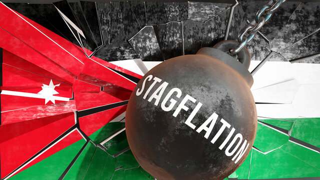 Jordan and Stagflation that destroys the country and wrecks the economy. Stagflation as a force causing possible future decline of the nation,3d illustration