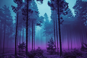 A foggy wood pine forest with dark trees shillouettes and purple blue colors. Dramatic fog in the forest. Ai generated