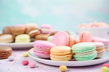 Fototapeta na wymiar Exquisite Macarons, a Pastel of Colors and Flavors, created with Generative AI technology