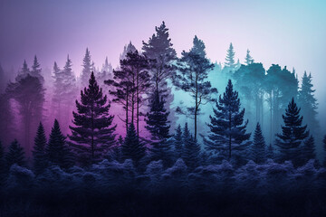 Fototapeta na wymiar A foggy wood pine forest with dark trees shillouettes and purple blue colors. Dramatic fog in the forest. Ai generated