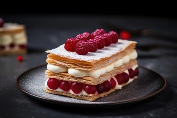 Decadent Mille-Feuille, Arrangement Showcasing Delicate Layers of Puff Pastry and Cream, created with Generative AI technology