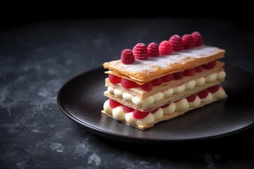 Decadent Mille-Feuille, Arrangement Showcasing Delicate Layers of Puff Pastry and Cream, created with Generative AI technology