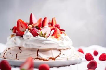 Elegant Pavlova, Featuring Beige Tones and Pink Dessert Accents, created with Generative AI technology