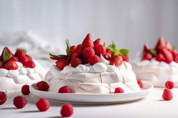 Elegant Pavlova, Featuring Beige Tones and Pink Dessert Accents, created with Generative AI technology
