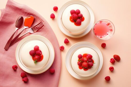 Delicate Panna Cotta, Featuring Beige Tones and Mixed Berry Garnish, created with Generative AI technology