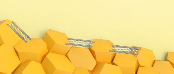 Startup concept. ladder to success of doing business in developing the goals of online marketing on Yellow. copy space, software, digital, banner -3d Rendering © guguart