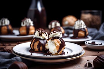 Delectable Profiteroles , Showcasing Beige Tones and Chocolate Drizzle, created with Generative AI technology