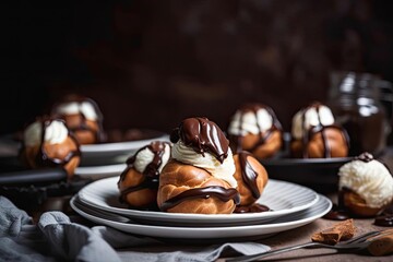Delectable Profiteroles , Showcasing Beige Tones and Chocolate Drizzle, created with Generative AI technology