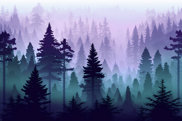 A foggy wood pine forest with dark trees shillouettes and purple blue colors. Dramatic fog in the forest. Ai generated
