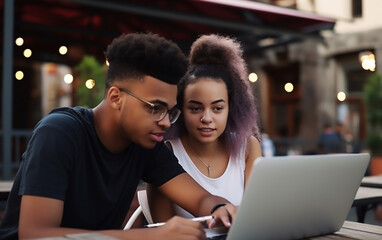 Two young adults browsing on a laptop outdoors at a cafe, engaged in a collaborative task or study.