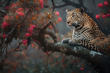 Majestic Leopard Resting on a Flowering Coral Tree Branch, Generative AI
