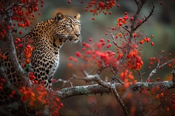 Majestic Leopard Resting on a Flowering Coral Tree Branch, Generative AI