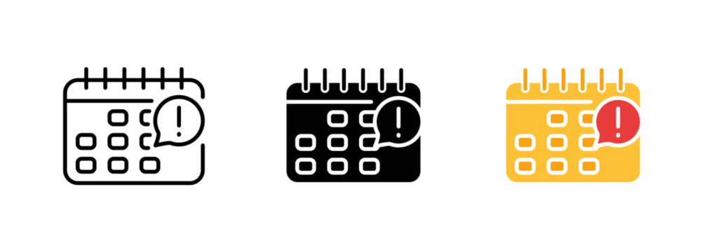 A calendar with a notification icon, highlighting the importance of setting reminders for important events and tasks. Vector set of icons in line, black and colorful styles isolated.